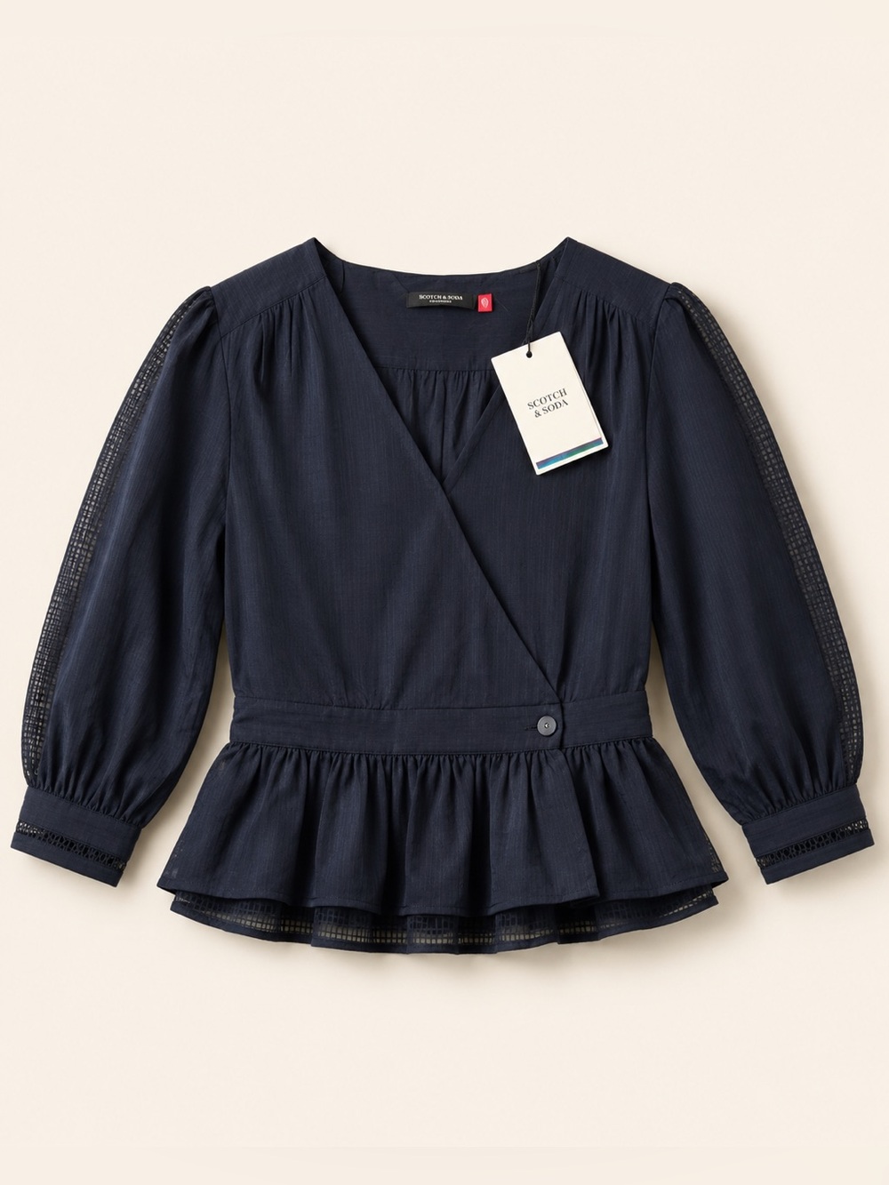Scotch & Soda black Wrap Peplum Top with Puff Sleeves